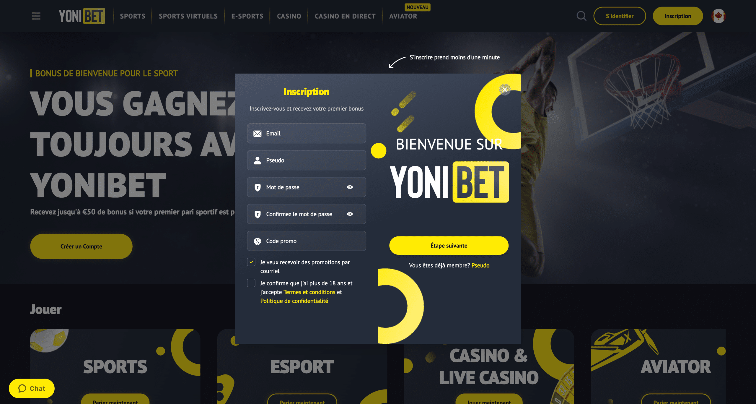 Capture d écran du formulaire d inscription Yonibet sur mobile